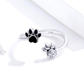 NewL 925 Sterling Silver Black Enamel Dog Paw Print Finger Rings for Women Adjustable Anti-Allergy Jewelry, Sterling Silver, Created Opal