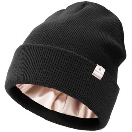 HONGTEYA Womens Satin Lined Knit Beanie Hat (US, Alpha, One Size, Black)