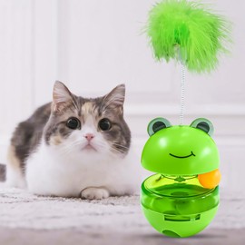 Cat Treat Dispenser Toy, Pet Slow Feeder Puzzle Ball, Frog Tumbler Cat Treat Toy, and Automatic Slow Feeder Ball for Cat and Kitten Training (Frog Feathers)
