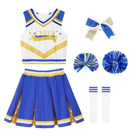 LOLANTA Girls' Cheerleader Costume, Children's Blue Sequins Cheerleader Dress with Pompoms Socks Headpiece Middle School Cheerleading Uniform Carnival Costume (Blue, 12-13 Years, Day 160)