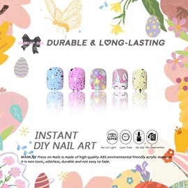 Easter Press on Nails Short Square Petite Fake Nails Easter Egg Full Cover Bunny Chick False Nails with Designs Glossy Glue on Nails Cute Acrylic Nails Manicure Artificial Nails for Women Girls 24Pcs