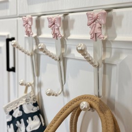 BOOMLATU 3 Packs Pink Bow Knot Over The Door Hooks,Metal Dual Hook Hanger for Coats, Jackets, Hats, Robes, Towels, Ideal for Bathroom, Bedroom, Mudroom (3PCS)