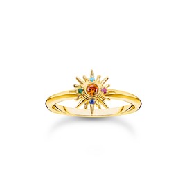 THOMAS SABO Women's Ring with Sun and Colourful Stones Gold-Plated 925 Sterling Silver 750 Yellow Gold Plating TR2458-488-7, 52, Sterling Silver, No Gemstone