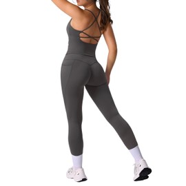 RXRXCOCO Strappy Back Workout Sets for Women 2 Piece Padded Tank Tops Hidden Scrunch Butt Lifting Leggings with Pockets Grey Medium