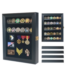 Military Challenge Coin Display Case with Medals Display 11x14IN Shadow Box with HD Toughened Glass, Wall Mount & Removable 2 Grooves Shelves, Coin Holder for Souvenirs, Solid Wood Frame