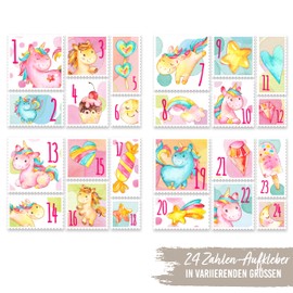 Papierdrachen 24 Adventskalender Zahlenaufkleber - Briefmarke Einhörner Nr 50 - Sticker - zum Basteln und Dekorieren deines ganz persönlichen Adventskalenders