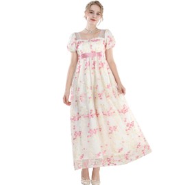 CR ROLECOS Regency Dresses for Women Victorian Dresses Long Dress Tea Party Gown Floral Pink Dress M