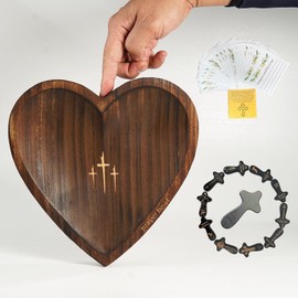 Prayer Bowl Set with Cards, Heart Prayer Bowl Wooden with Cross, Christian Gifts for Women Men, Heart Shaped Decor Bowl, Birthday, Retirement, Religious, Easter Gift for Mom Dad (Aged)