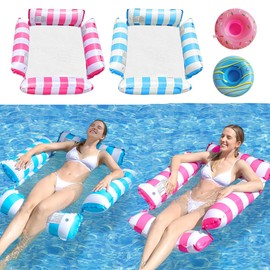 YANGUN Pack of 2 Air Mattress Pool with 2 Inflatable Drink Holders, Water Hammock with Net, 4-in-1 Air Mattress Water, Pool Hammock, Swimming Mattress for Adults and Children
