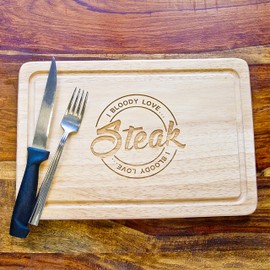 Engraved Wooden Steak Chopping Board/I Bloody Love Steak/Cooking Gift for him or her/Steak Lover Gift/Funny Christmas Gifts (Rectangle Board)