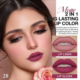 IATMOMOD 1Pcs 2 in 1 Rose Plum Matte Lip Liner and Liquid Lipstick Stain Makeup Set for women, Rose Long Lasting Smudge Proof Lip Tint Matte Finish Lip Gloss for All-Day Color Hold Easy to Use 28#