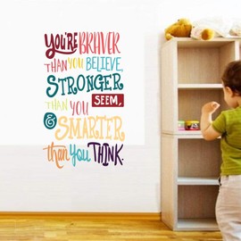 Colorful Inspirational Quote Wall Decal-You’re Braver Than You Believe,Stronger Than You Seem,Smarter Than You Think, Positive Quote Sticker for Kids Room Nursery,Classroom Decor