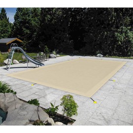 TANG 14'x20' Rectangle Winter Pool Cover Pool Safety Covers for In-Ground Swimming Pools Inground Pool Leaf Net Cover Wire Rope Hemmed All Edges (Beige)