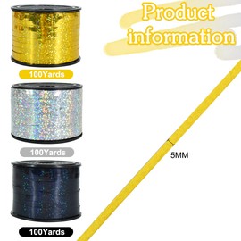 BEISHIDA 3 Pack 100 Yards Gold Silver Black Curling Crimped Glitter Ribbon Balloon String Shiny Metallic Gift Wrapping Ribbon for 2026 Happy New Year Graduation Retirement Birthday Party Decoration