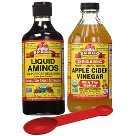 Bragg Variety Pack: Bragg Organic Liquid Aminos 16 oz + Bragg Apple Cider Vinegar Organic Raw Unfiltered, 16 Oz; with Bonus Measuring Spoon
