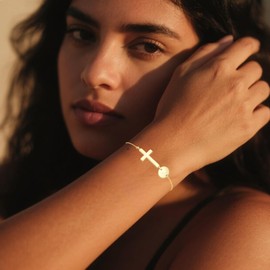 Esmoly S925 Sterling Silver Cross Bracelets for Womens 18K Gold Plated Initial Bracelet Christening Jewellery Birthday Gifts for Women Girls 6+2 Inches