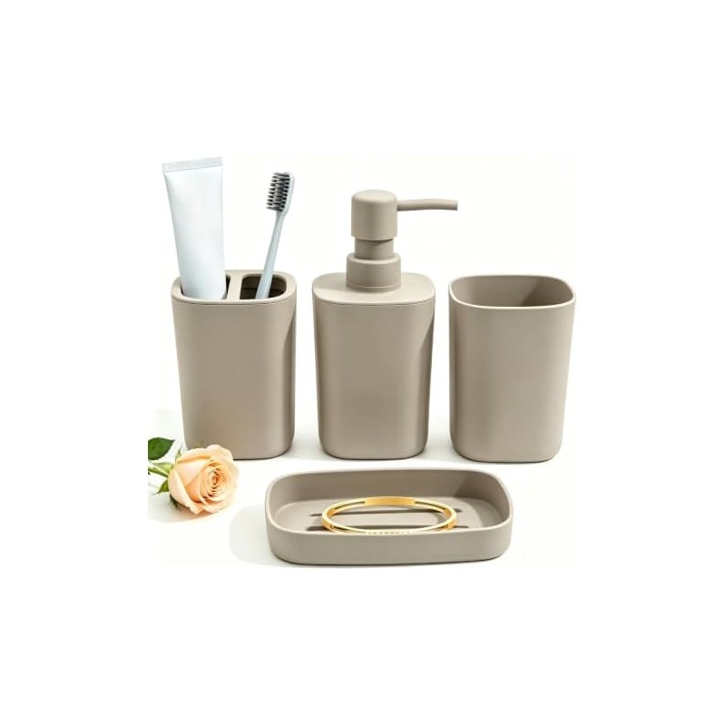 Juego de accesorios de baño beige mate, 4 dispensadores de