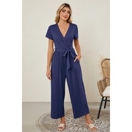 OUGES Womens Jumpsuit Rompers Dressy 2025 Summer Short Sleeve Wrap V Neck Wide Leg Nursing Maternity Rompers with Pockets(Navy,XL)