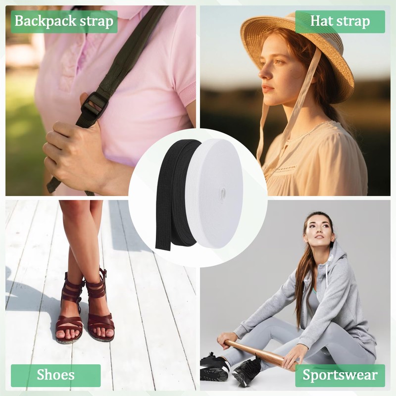 2 Rolls Elastic for Sewing, White & Black Elastic Cord