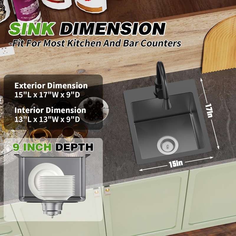 Black Kitchen And Bar Sink, 15x17 Inch Stainless Steel Drop