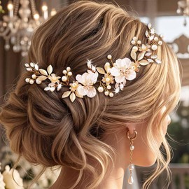 Enredadera para el cabello con flores para boda de novia, tocado de cristal dorado, diadema de hojas de perla para novia, accesorio para el cabello de dama de honor