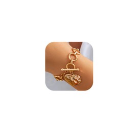 MOEEIJEW Chunky Gold Silver Bracelets for Women Gold Cross Heart Bracelets Toggle Statement Chain Bracelets Jewelry (Gold Heart)