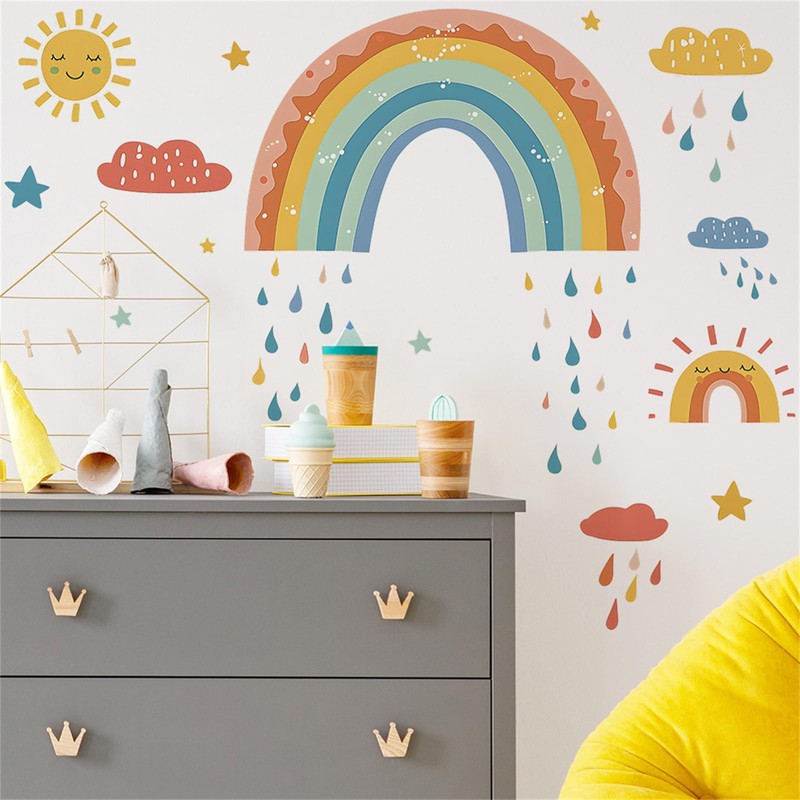 SMAOSTORE Wall Sticker, Rainbow, Cloud, Sun, Stylish, Rainbow, Rainy Season,