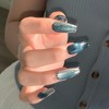 LIFOOST Nails Handmade Press On Medium Coffin Silver Blue Magnetic