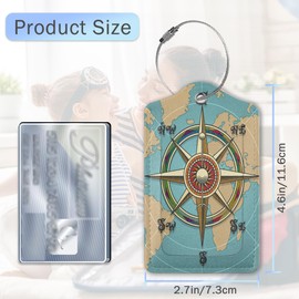 Retro World Map Luggage Tags for Suitcase,Nautical Compass Luggage Tags of Set 2 Leather Identifiers Privacy Cover with Stainless Steel Loop for Women Men Travel Bag Suitcase