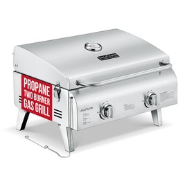 Stainless Steel Gas Grill, Dual 10,000 BTU Burners, 275 Sq.In Cooking Space, Push-to-Start Ignition, Wind-Proof Lid with Built-in Thermometer, Perfect for Camping Tailgates & Backyard BBQ Cookouts