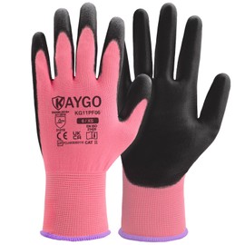 KAYGO Work Gloves PU Coated 12 Pairs, KG11PF, Safety Working Gloves with Secure Grip on Palm & Fingers, for Men and Women, Ideal for General Duty Work, Gardening (X-Small, Pink)