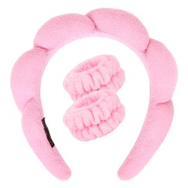 Wecoe Spa Headband and Wristband Set Skincare Headband Makeup Headband For Washing Face Women Girls Cute Pink Puffy Sponge Bubble Headband Thick Padded Cloud Headband Wrist Towels Scrunchies