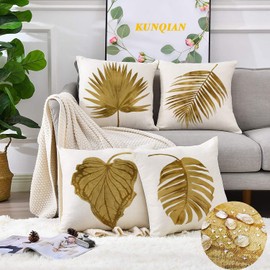 KUNQIAN Outdoor Cushion Covers Tropical Golden Palm Leaves Waterproof Throw Pillow Covers Set of 4 Outside Couch Decorative for Bench Chair Sofa Furniture Linen 18x18inch (45x45cm)