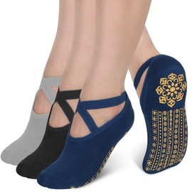 Yoga Socks with Grips for Women - Non Slip Pilates Socks with Grippers on Bottom, Grippy & non skid Barre Hospital slipper sticky Socks for Workouts Ballet,Dance,Home,Training (3-Pack)