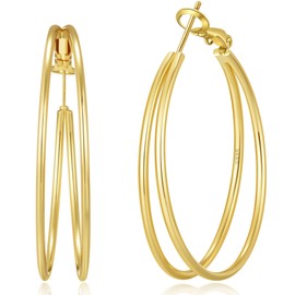 OOOPEL Large Thin Gold Double Hoop Earrings for Women Lightweight Hypoallergenic S925 Post Large Hoop Earrings 14K Golden Non Tarnish Layered Big Thin Gold Hoops