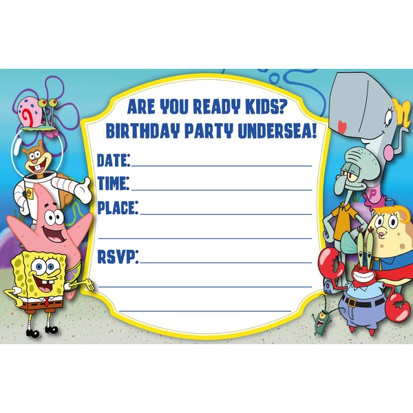 Spongebob Invitation Cards – 20 Fill-in Invites for Kids Birthday Bash and Theme Party, 10X15 CM, Postcard Style