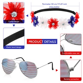 Hicarer 5pcs 4th of July Accessories Set Flower Patriotic Headband American Flag Sunglasses Red White Blue Necklace USA Tassel Earrings Fourth of July Outfits for Women Independence Memorial Day