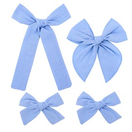 Set of 4 Cotton Linen Bow Hair Clips for Little Girls Toddler Baby Mom Women Hair Barrettes Accessories 3 Styles Bows (4 Blue)