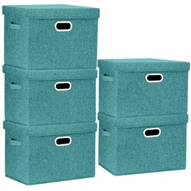 TYEERS Large Collapsible Storage Bins with Lids, Organization Bins for Closet Storage, Clothes Storage, Folding Storage Box with Lids for Home Office Storage - 5 Pack - Aqua Deep