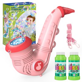 Babuloo Saxophone Bubble Machine, Automatic Bubble Making Toy for Kids 10000+ Bubbles Per Minute with Detachable Lanyard/2 Bubble Solution, Portable Outdoor Bubble Blower for Wedding Party, Pink