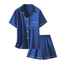 Conjunto de pijama de satén para niñas y mujeres, ropa de dormir de 2 piezas, 3 años, para mujer, XXL, Azul marino con bolsillos para pantalones, 7-8 Años