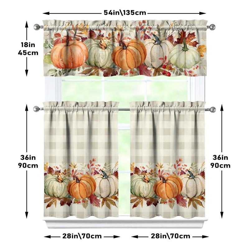 Fall Thanksgiving Kitchen Curtains Valances and Tiers 3 Piece Set,Orange,White,Green,Pumpkin