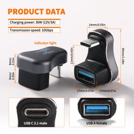 KUOQIY 2 Pieces U-shaped USB C to USB A Adapter 10 Gbps, 180 Degree Angle USB C to USB A Adapter Transmission OTG with Indicator Light for Laptop Tablet