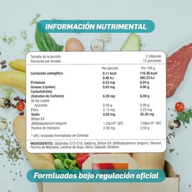 Perlas Probióticos 1230 Millones UFC con Fibra y Bifidobacterium Longum Suplemento Alimenticio Microbiota Intestinal 30 Cápsulas