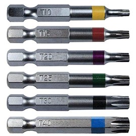Torx/Star Drive 6 Piece Bit Set 2" Quick Change Shank (Color Coded) Includes T-10, T-15, T-20, T-25, T-30, T-40 Torx/Star Screw Driver Bits