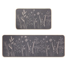 Kitchen Mats for Floor 2 Piece,Floral Plants Bee Spring Kitchen Rugs Sets of 2,Non Slip Kitchen Rug for Floor (Flowers/Grass Black,17"x29"+17"x47")