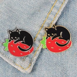 Wixine 4Pcs Strawberry Caterpillar Enamel Pin Cartoon and Fruit Cat Pins Black Cat Brooches for Women