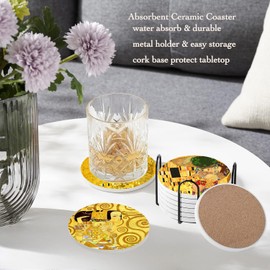 Nicegod Drinks Coasters Set of 6, Gustav Klimt Gold Collection Round Absorbent Ceramic Coaster, with Metal Holder and Cork Base, Gift Coasters for Coffee Table Desk Home Decor (Gold Aesthetics Art)