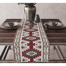 Ethnic Aztec Linen Table Runner, Retro Boho Rustic Farmhouse Brown Red Native Tribal Geometric Totem Seamless Pattern Decor for Party Living Room Kitchen Dining Coffee Table 13x36in x1 Panel