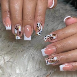 Handcess Square Shiny False Nails Short French White Press on Nails Glitter Leaves Acrylic False Nails Stick on Nail 24 Pieces for Women and Girls